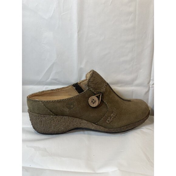 Timberland Mule Shoes Women's  Size 7 Green Brown Nubuck Comfort Gum Crepe Wedge - Picture 4 of 16